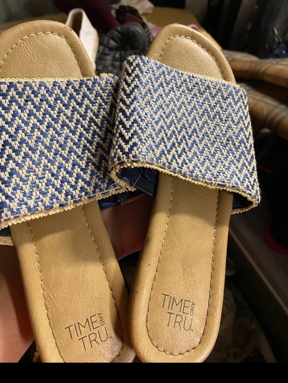 Time and Tru Blue and Tan Woven Slide Sandals